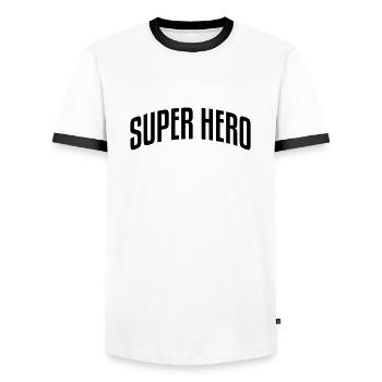 super hero stylish arched text logo copy - Men's Ringer Shirt - white/black - Front - AI Model Female 172 light (172cm) & AI Model Male 178 dark (178cm)