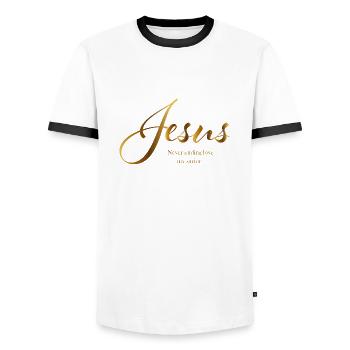 Jesus Schriftzug gold never ending love my savior - Männer Kontrast-T-Shirt - Weiß/Schwarz - Vorne - AI Model Female 172 light (172cm) & AI Model Male 178 dark (178cm)