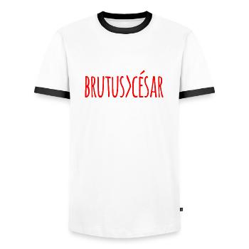 Brutus> Caesar Brutus superior to Caesar (red) - Men's Ringer Shirt - white/black - Front - AI Model Female 172 light (172cm) & AI Model Male 178 dark (178cm)