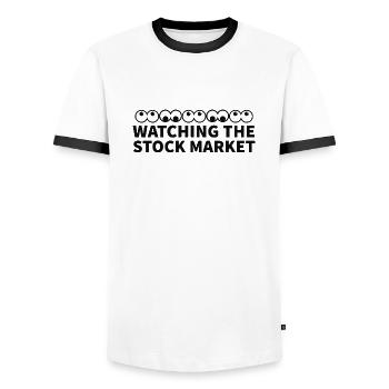 Watching the stock market Eyes up and down - Men's Ringer Shirt - white/black - Front - AI Model Female 172 light (172cm) & AI Model Male 178 dark (178cm)