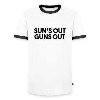 SUN'S OUT GUNS OUT - Funny Quote - Men's Ringer Shirt - white/black - Front - AI Model Female 172 light (172cm) & AI Model Male 178 dark (178cm)