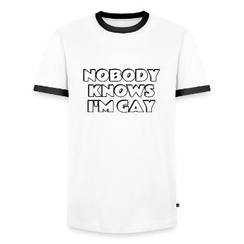 Nobody knows Im gay - Men's Ringer Shirt - white/black - Front - AI Model Female 172 light (172cm) & AI Model Male 178 dark (178cm)