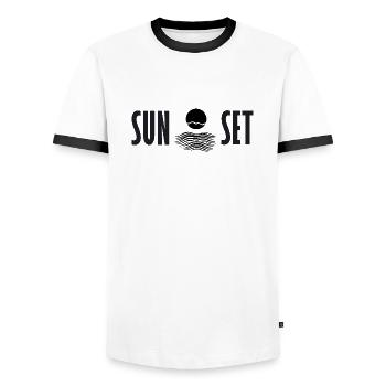 SUNSET | Sonnenuntergang Schrift und Logo Design - Männer Kontrast-T-Shirt - Weiß/Schwarz - Vorne - AI Model Female 172 light (172cm) & AI Model Male 178 dark (178cm)