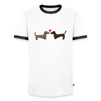 two kissing dachshunds, gift idea - Men's Ringer Shirt - white/black - Front - AI Model Female 172 light (172cm) & AI Model Male 178 dark (178cm)