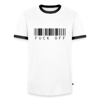 Barcode Strichcode Fuck Off Spruch - Männer Kontrast-T-Shirt - Weiß/Schwarz - Vorne - AI Model Female 172 light (172cm) & AI Model Male 178 dark (178cm)