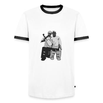 Goalies - Männer Kontrast-T-Shirt - Weiß/Schwarz - Vorne - AI Model Female 172 light (172cm) & AI Model Male 178 dark (178cm)