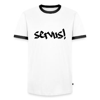 Servus, Dialekt, Gruß, Farbe editierbar - Männer Kontrast-T-Shirt - Weiß/Schwarz - Vorne - AI Model Female 172 light (172cm) & AI Model Male 178 dark (178cm)