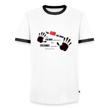 Als Fremde gekommen, als Freunde gegangen - Männer Kontrast-T-Shirt - Weiß/Schwarz - Vorne - AI Model Female 172 light (172cm) & AI Model Male 178 dark (178cm)