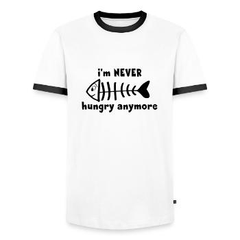 I am never or no longer hungry. Fish sketelt - Men's Ringer Shirt - white/black - Front - AI Model Female 172 light (172cm) & AI Model Male 178 dark (178cm)