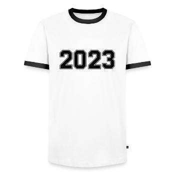 2023 - Men's Ringer Shirt - white/black - Front - AI Model Female 172 light (172cm) & AI Model Male 178 dark (178cm)
