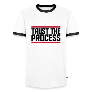 trust the process Quote - Men's Ringer Shirt - white/black - Front - AI Model Female 172 light (172cm) & AI Model Male 178 dark (178cm)