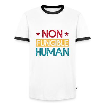 Non Fungible Human - Men's Ringer Shirt - white/black - Front - AI Model Female 172 light (172cm) & AI Model Male 178 dark (178cm)