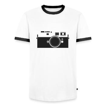 Kameragehäuse Leica Front 2 Tinten Alpha - Männer Kontrast-T-Shirt - Weiß/Schwarz - Vorne - AI Model Female 172 light (172cm) & AI Model Male 178 dark (178cm)