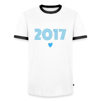 Born in 2017 boy - Men's Ringer Shirt - white/black - Front - AI Model Female 172 light (172cm) & AI Model Male 178 dark (178cm)