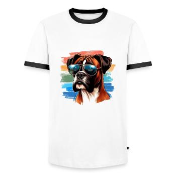 Chien boxer coloré portant des lunettes de soleil - T-shirt contrasté Homme - blanc/noir - Devant - AI Model Female 172 light (172cm) & AI Model Male 178 dark (178cm)