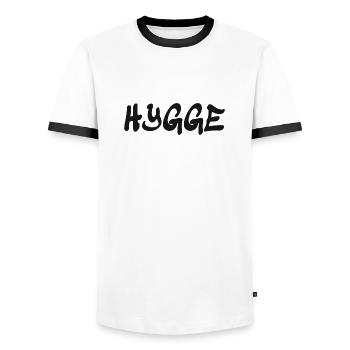 Hygge - Danish Tradition - Attitude to Life - Nice - Men's Ringer Shirt - white/black - Front - AI Model Female 172 light (172cm) & AI Model Male 178 dark (178cm)