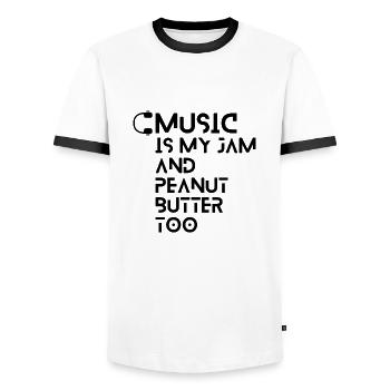 Collection "MUSIC is my Jam and Peanut Butter Too" - Men's Ringer Shirt - white/black - Front - AI Model Female 172 light (172cm) & AI Model Male 178 dark (178cm)