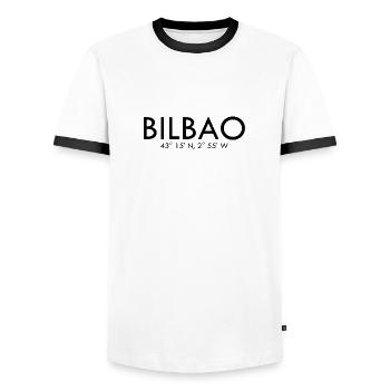 Bilbao Spain Coordinates Latitude Longitude - Men's Ringer Shirt - white/black - Front - AI Model Female 172 light (172cm) & AI Model Male 178 dark (178cm)