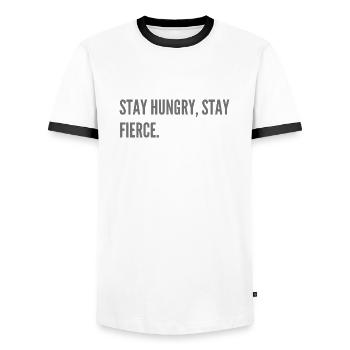 Stay hungry, stay fierce. - Men's Ringer Shirt - white/black - Front - AI Model Female 172 light (172cm) & AI Model Male 178 dark (178cm)