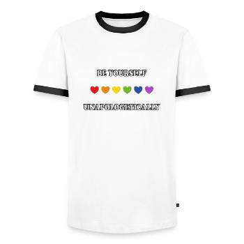 Sei du selbst, kompromisslos LGBTQ Pride - Männer Kontrast-T-Shirt - Weiß/Schwarz - Vorne - AI Model Female 172 light (172cm) & AI Model Male 178 dark (178cm)