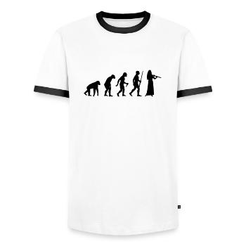Évolution de la flûte féminine - T-shirt contrasté Homme - blanc/noir - Devant - AI Model Female 172 light (172cm) & AI Model Male 178 dark (178cm)