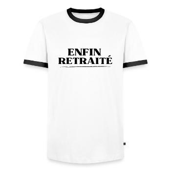 enfin retraité, retraite - T-shirt contrasté Homme - blanc/noir - Devant - AI Model Female 172 light (172cm) & AI Model Male 178 dark (178cm)