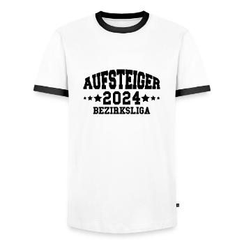 Aufsteiger 2024 Bezirksliga Aufstieg Fußball - Männer Kontrast-T-Shirt - Weiß/Schwarz - Vorne - AI Model Female 172 light (172cm) & AI Model Male 178 dark (178cm)