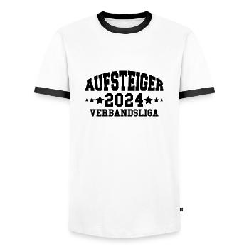 Aufsteiger 2024 Verbandsliga Aufstieg Fußball - Männer Kontrast-T-Shirt - Weiß/Schwarz - Vorne - AI Model Female 172 light (172cm) & AI Model Male 178 dark (178cm)