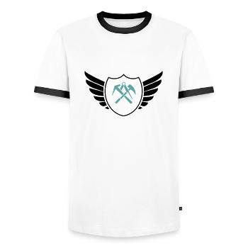 wappen shield dachdecker - Männer Kontrast-T-Shirt - Weiß/Schwarz - Vorne - AI Model Female 172 light (172cm) & AI Model Male 178 dark (178cm)