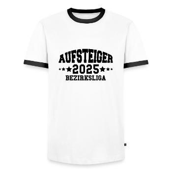 Aufsteiger 2025 Bezirksliga Aufstieg Fußball - Männer Kontrast-T-Shirt - Weiß/Schwarz - Vorne - AI Model Female 172 light (172cm) & AI Model Male 178 dark (178cm)