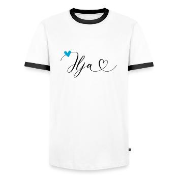 Ilja surname First name Calligraphy heart - Men's Ringer Shirt - white/black - Front - AI Model Female 172 light (172cm) & AI Model Male 178 dark (178cm)