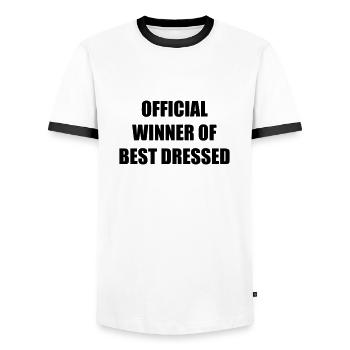 Official winner of - Men's Ringer Shirt - white/black - Front - AI Model Female 172 light (172cm) & AI Model Male 178 dark (178cm)