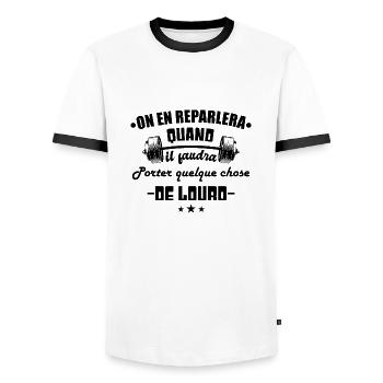 On en reparlera quand il faudra porter du lourd - T-shirt contrasté Homme - blanc/noir - Devant - AI Model Female 172 light (172cm) & AI Model Male 178 dark (178cm)