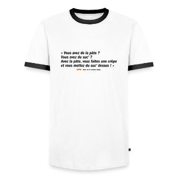 Vous avez de la pâte ? (b) - T-shirt contrasté Homme - blanc/noir - Devant - AI Model Female 172 light (172cm) & AI Model Male 178 dark (178cm)