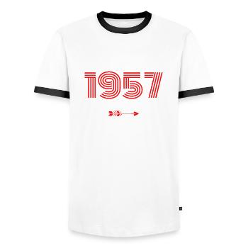 Jahrgang 1957 - Männer Kontrast-T-Shirt - Weiß/Schwarz - Vorne - AI Model Female 172 light (172cm) & AI Model Male 178 dark (178cm)