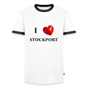 I Love Stockport - Black Text - Men's Ringer Shirt - white/black - Front - AI Model Female 172 light (172cm) & AI Model Male 178 dark (178cm)