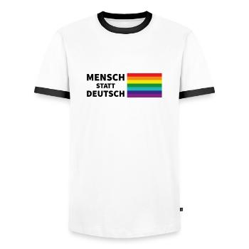 Mensch statt deutsch Spruch Pride Flagge - Männer Kontrast-T-Shirt - Weiß/Schwarz - Vorne - AI Model Female 172 light (172cm) & AI Model Male 178 dark (178cm)