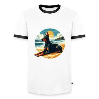 Doberman On The Beach - Men's Ringer Shirt - white/black - Front - AI Model Female 172 light (172cm) & AI Model Male 178 dark (178cm)