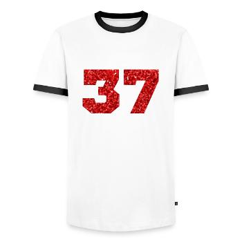 Number 37 Red Glitter - 37th Anniversary - Men's Ringer Shirt - white/black - Front - AI Model Female 172 light (172cm) & AI Model Male 178 dark (178cm)