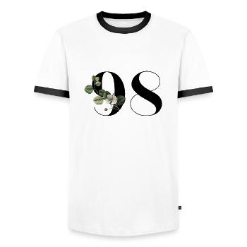 Number 98 Green Floral - 98th Floral Birthday - Men's Ringer Shirt - white/black - Front - AI Model Female 172 light (172cm) & AI Model Male 178 dark (178cm)