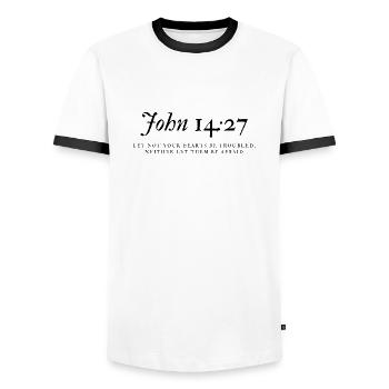 citation de Jean 14 : Bible chrétienne - T-shirt contrasté Homme - blanc/noir - Devant - AI Model Female 172 light (172cm) & AI Model Male 178 dark (178cm)