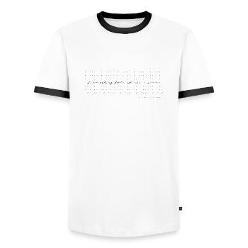Comma Modern Calligraphy Minimalist Humor b/w - Men's Ringer Shirt - white/black - Front - AI Model Female 172 light (172cm) & AI Model Male 178 dark (178cm)