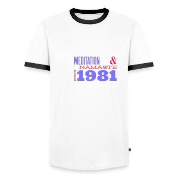 Méditer depuis 1981 - 44 ans d’harmonie intérieure - T-shirt contrasté Homme - blanc/noir - Devant - AI Model Female 172 light (172cm) & AI Model Male 178 dark (178cm)