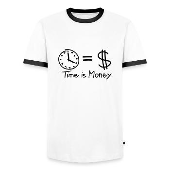 time_is_money_f1 - Männer Kontrast-T-Shirt - Weiß/Schwarz - Vorne - AI Model Female 172 light (172cm) & AI Model Male 178 dark (178cm)