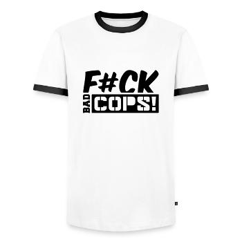 fck_bad_cops_cc1 - Männer Kontrast-T-Shirt - Weiß/Schwarz - Vorne - AI Model Female 172 light (172cm) & AI Model Male 178 dark (178cm)