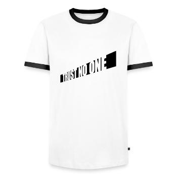 trust no one quote - Men's Ringer Shirt - white/black - Front - AI Model Female 172 light (172cm) & AI Model Male 178 dark (178cm)