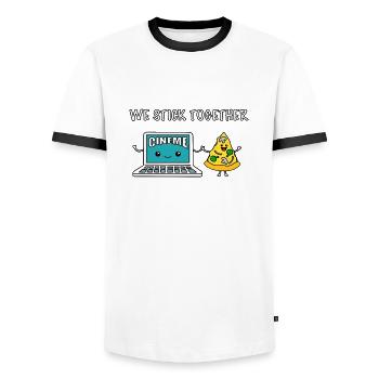We Stick Together - Pizza and Streaming - Men's Ringer Shirt - white/black - Front - AI Model Female 172 light (172cm) & AI Model Male 178 dark (178cm)