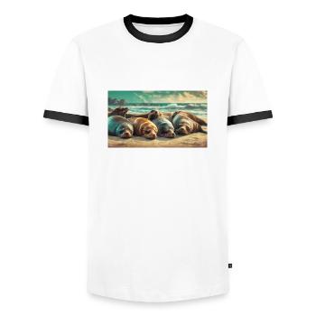Cute animals chilling – sea lion sleeping beach - Men's Ringer Shirt - white/black - Front - AI Model Female 172 light (172cm) & AI Model Male 178 dark (178cm)