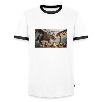 Ein realistischer böser Drache, der wie ein Wolf Hühner jagt - Männer Kontrast-T-Shirt - Weiß/Schwarz - Vorne - AI Model Female 172 light (172cm) & AI Model Male 178 dark (178cm)