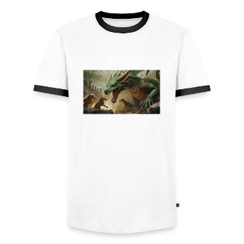 A realistic majestical green dragon is attacked - Men's Ringer Shirt - white/black - Front - AI Model Female 172 light (172cm) & AI Model Male 178 dark (178cm)